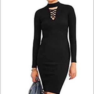 Lace up mock neck long sleeve knit midi dress
